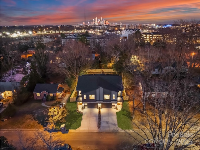 view of aerial view at dusk