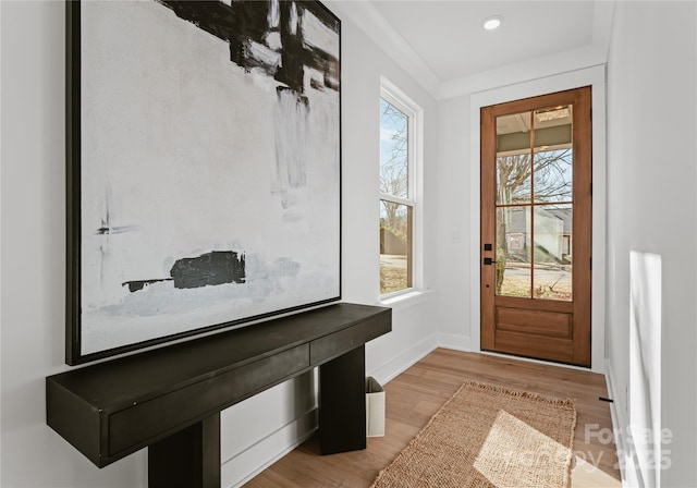 mudroom featuring crown molding, light hardwood / wood-style flooring, and a healthy amount of sunlight