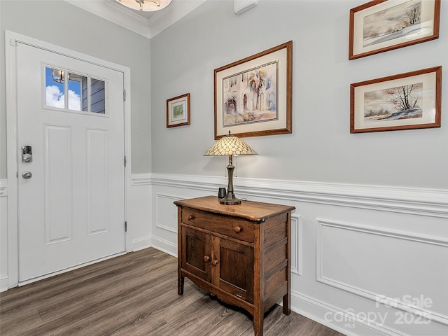 foyer entrance with crown molding and wood-type flooring