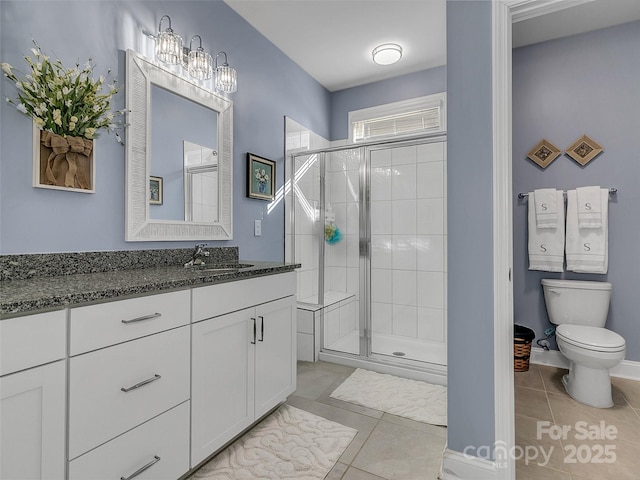 bathroom featuring an enclosed shower, vanity, tile patterned floors, and toilet