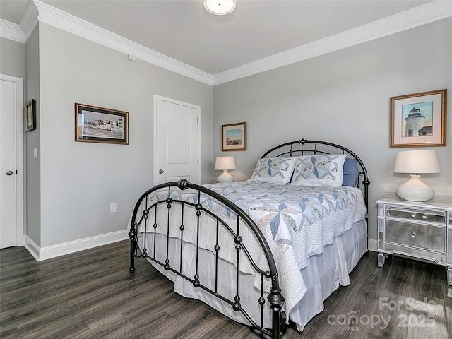 bedroom with ornamental molding and dark hardwood / wood-style floors