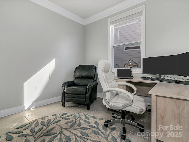 home office featuring crown molding and light tile patterned floors