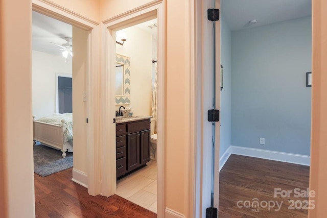 hall with dark hardwood / wood-style flooring and sink