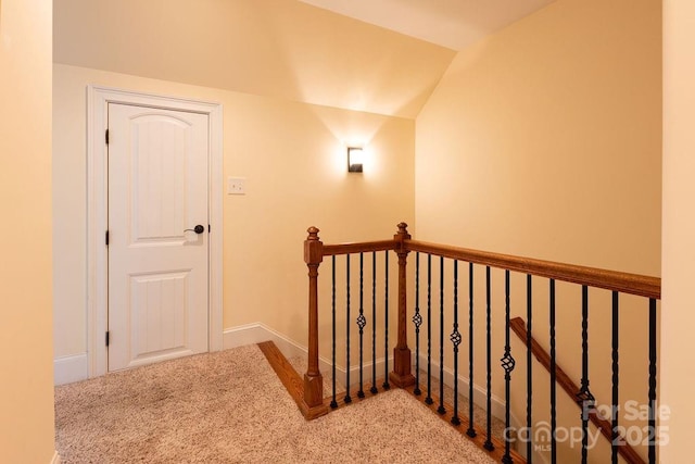 staircase with carpet and vaulted ceiling