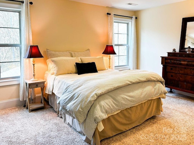 carpeted bedroom with multiple windows