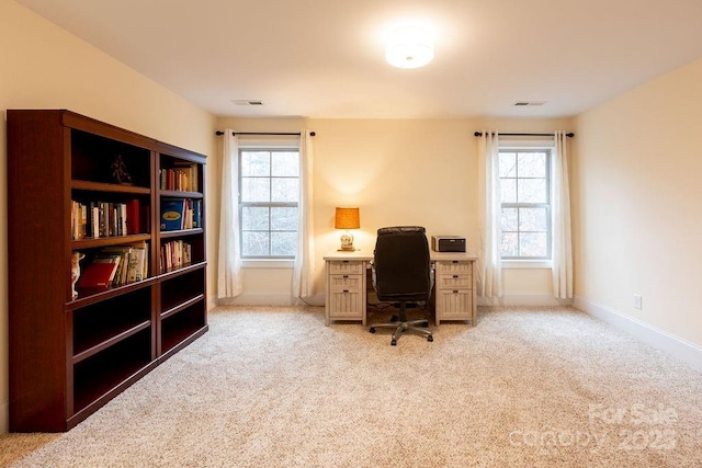 home office featuring light colored carpet