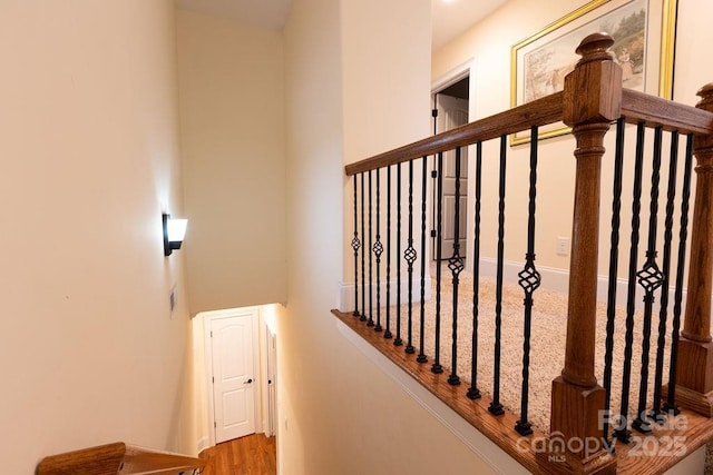 stairway with hardwood / wood-style floors