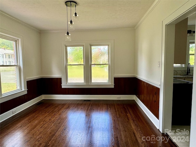 unfurnished room featuring plenty of natural light, wood walls, dark hardwood / wood-style flooring, and crown molding