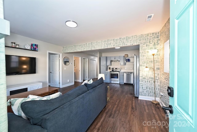 living room featuring dark wood-type flooring