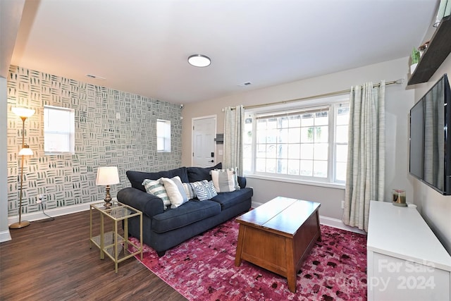 living room with dark hardwood / wood-style floors