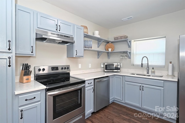 kitchen with appliances with stainless steel finishes, dark hardwood / wood-style floors, and sink