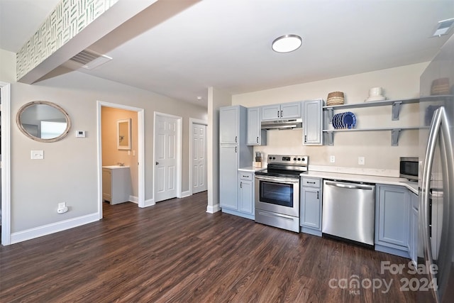 kitchen featuring gray cabinets, dark hardwood / wood-style flooring, and stainless steel appliances