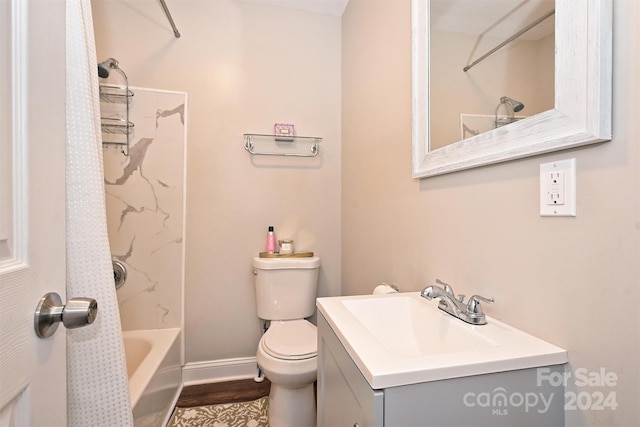 full bathroom featuring shower / tub combo with curtain, vanity, hardwood / wood-style floors, and toilet