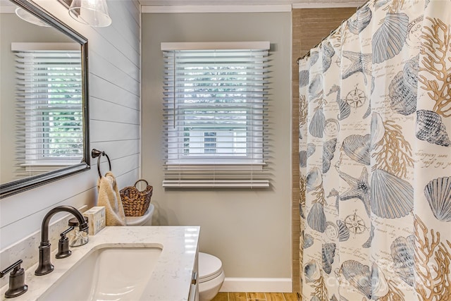 bathroom featuring hardwood / wood-style floors, vanity, a healthy amount of sunlight, and toilet