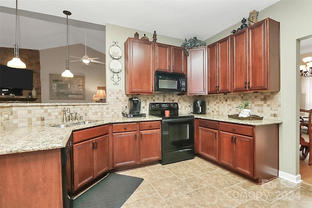 kitchen featuring pendant lighting, black appliances, sink, ceiling fan, and tasteful backsplash