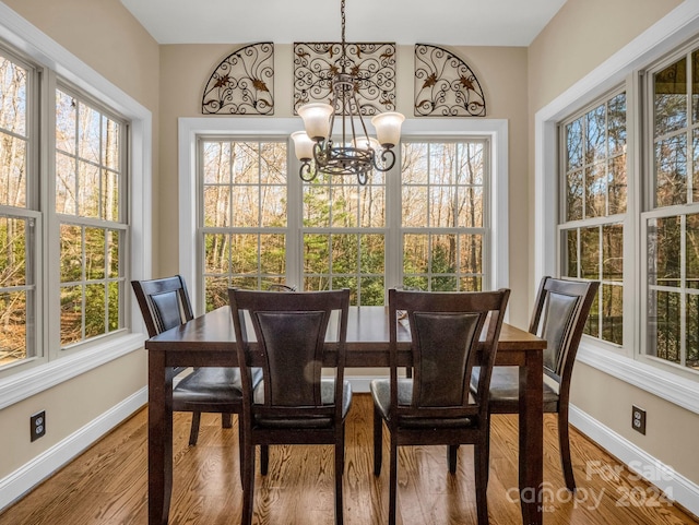 interior space with wood-type flooring, a wealth of natural light, and a chandelier