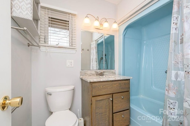 full bathroom with vanity, toilet, and shower / bathtub combination with curtain