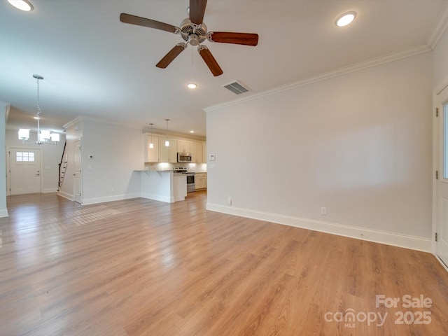 unfurnished living room featuring ceiling fan, light wood-type flooring, and crown molding