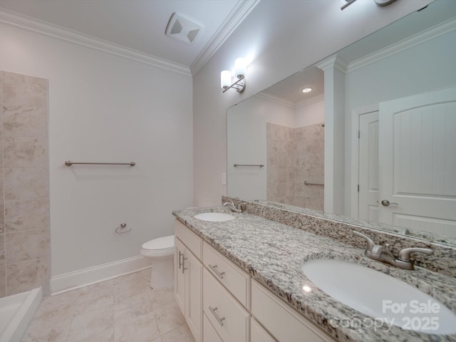 bathroom featuring tile patterned floors, crown molding, a shower, toilet, and vanity