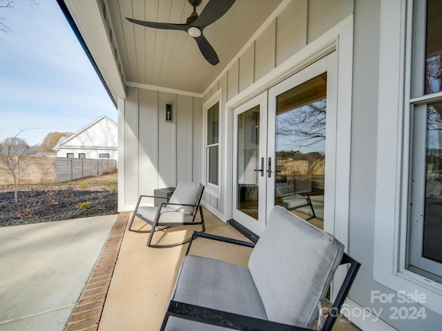 view of patio / terrace featuring french doors and ceiling fan