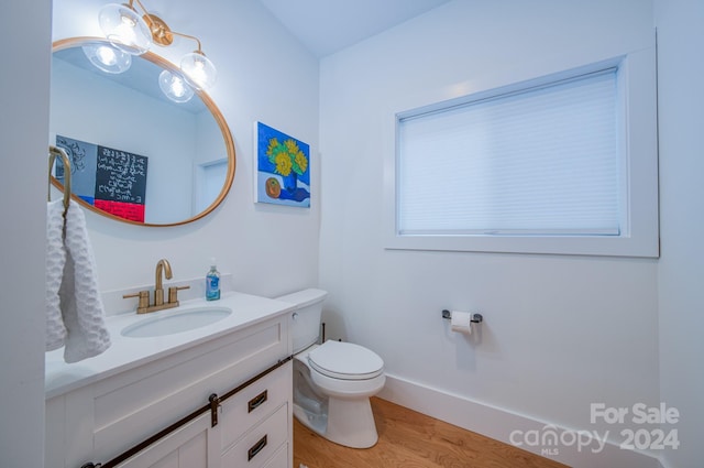 bathroom with hardwood / wood-style floors, vanity, and toilet