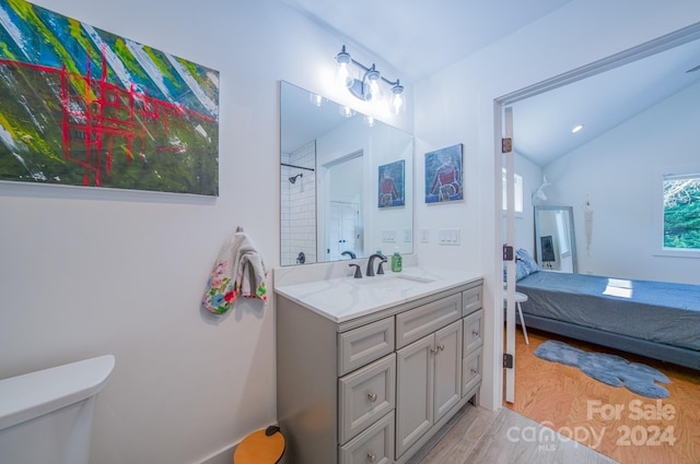 bathroom with hardwood / wood-style floors, vanity, lofted ceiling, toilet, and a tile shower