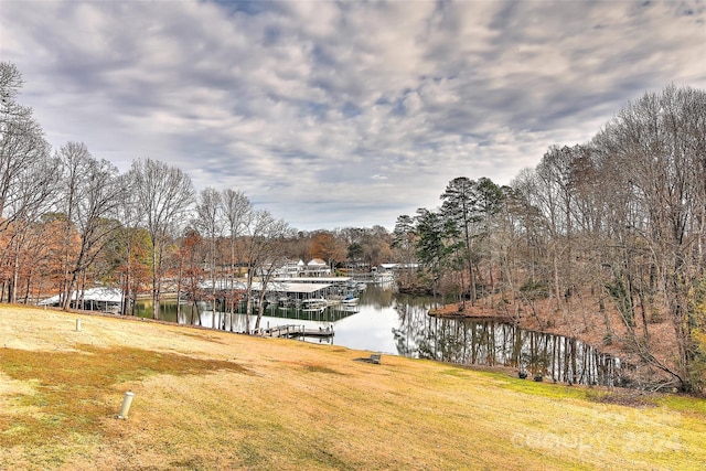 dock area featuring a water view and a yard