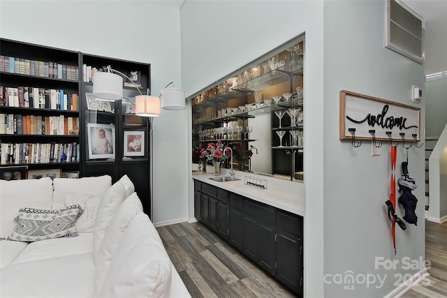 bar featuring sink and dark wood-type flooring