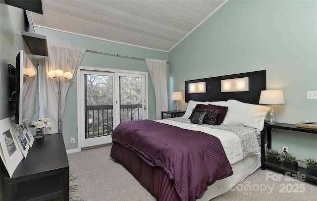 carpeted bedroom with ornamental molding, lofted ceiling, access to outside, and wooden ceiling