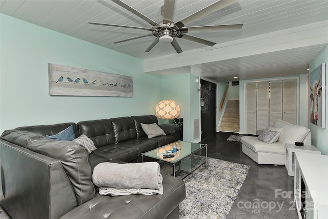 living room with ceiling fan