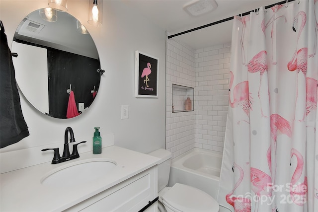 full bathroom with shower / bathtub combination with curtain, vanity, and toilet