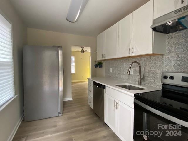 kitchen with ventilation hood, stainless steel appliances, sink, white cabinetry, and plenty of natural light