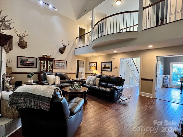 living room with a high ceiling and hardwood / wood-style flooring