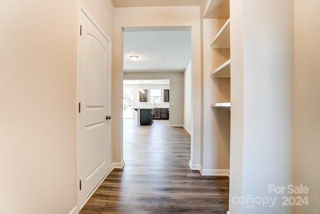 corridor with built in shelves and dark hardwood / wood-style floors