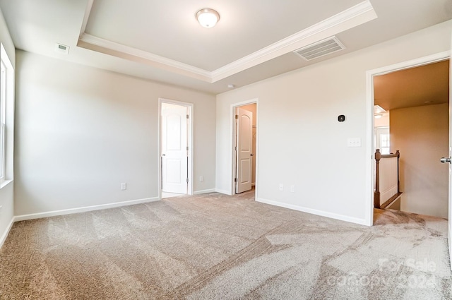 carpeted spare room with a raised ceiling and ornamental molding