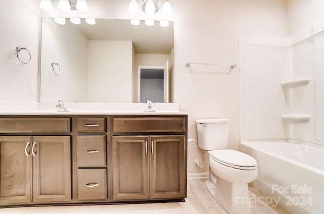 full bathroom featuring tile patterned floors, vanity,  shower combination, and toilet