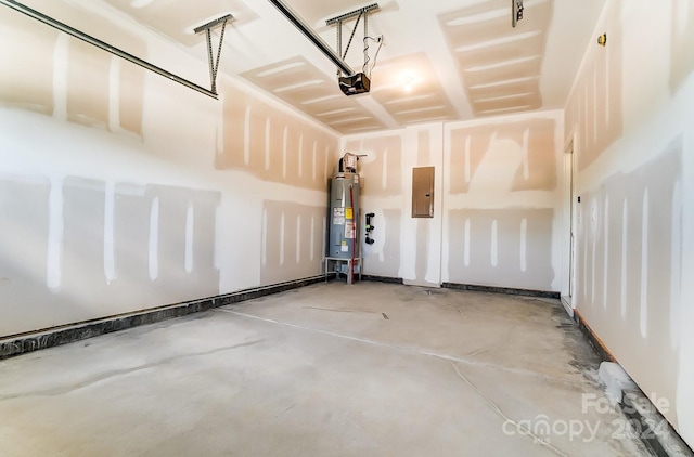 garage with electric panel, water heater, and a garage door opener