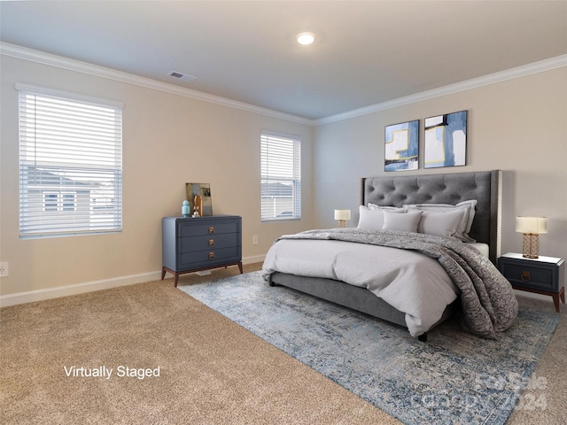 bedroom featuring carpet flooring, crown molding, and multiple windows