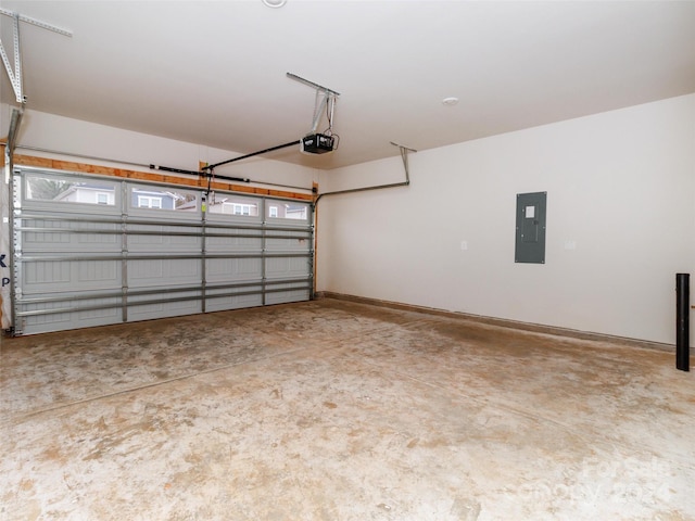 garage with electric panel and a garage door opener