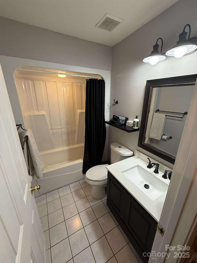 full bathroom with toilet, shower / tub combo, tile patterned flooring, and vanity