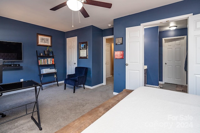 bedroom featuring ceiling fan and carpet floors