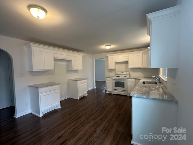 kitchen featuring white electric range, dark hardwood / wood-style floors, white cabinetry, and sink