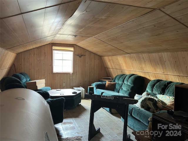 bonus room with wood walls, wood ceiling, and vaulted ceiling