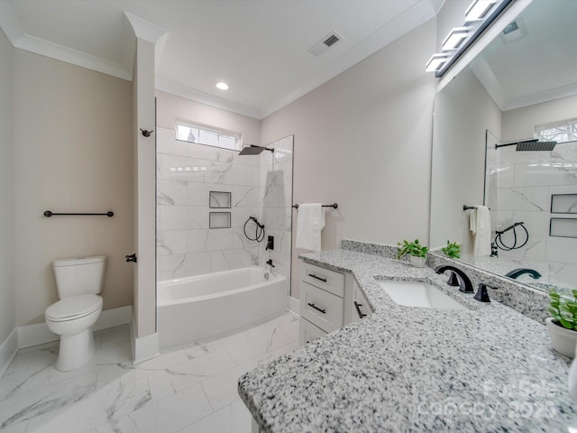 full bathroom featuring vanity, toilet, ornamental molding, and tiled shower / bath