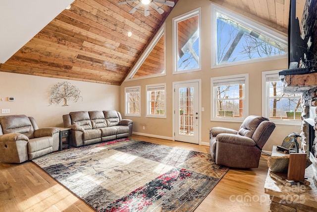 living room featuring ceiling fan, high vaulted ceiling, wooden ceiling, and hardwood / wood-style flooring