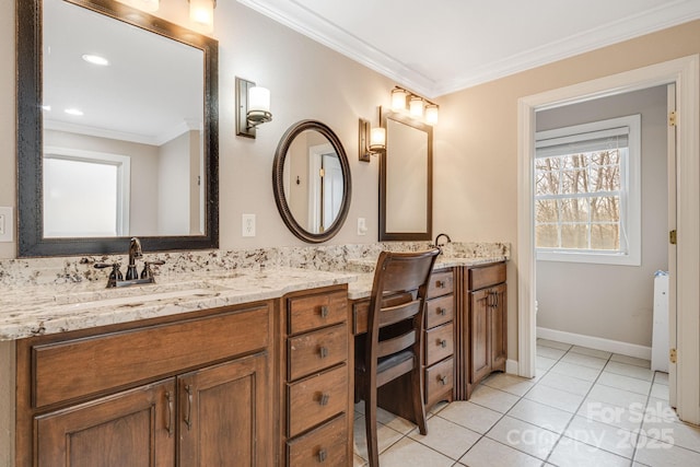 bathroom with tile patterned flooring, vanity, and ornamental molding