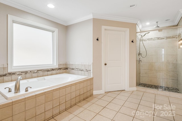 bathroom featuring tile patterned flooring, separate shower and tub, and crown molding