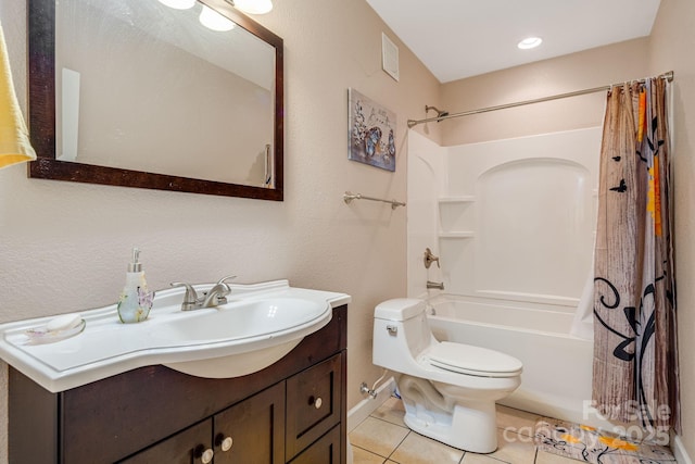 full bathroom featuring tile patterned floors, vanity, shower / tub combo, and toilet