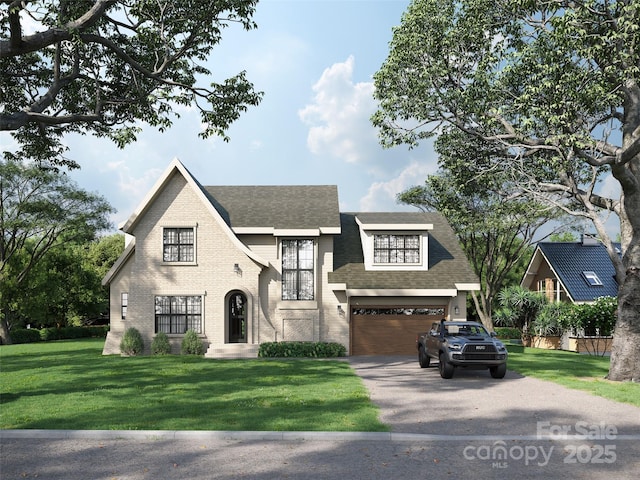 view of front of property featuring aphalt driveway, a front yard, brick siding, and a shingled roof