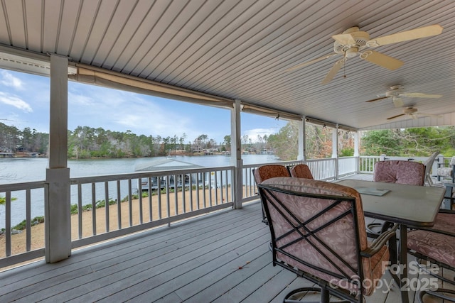 wooden terrace featuring ceiling fan and a water view